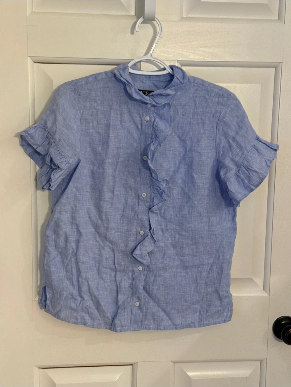 J.Crew Blue 100% Linen Ruffle Short Sleeve Button Front Top Size 0 6021_3